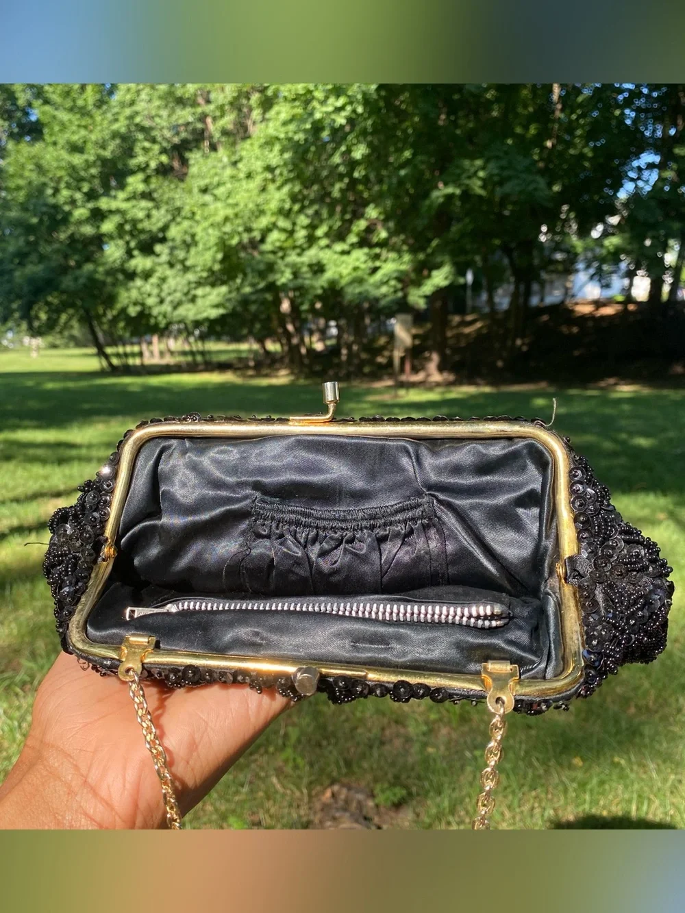 Hand-Beaded Black Prairie Clutch with Gold Chain